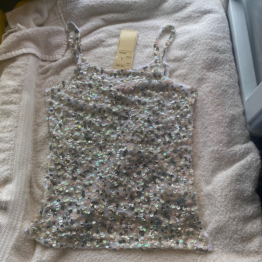 Tell Womens White Iridescent Sequin Cami Top Spaghetti Strap TGT-9001 L NEW